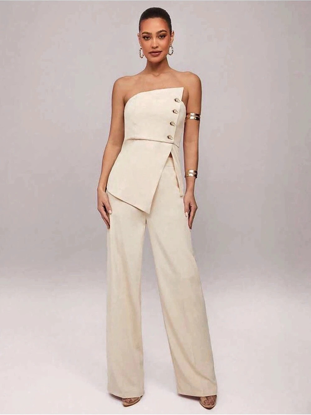 Cream Strapless Two Piece Jumpsuit Set